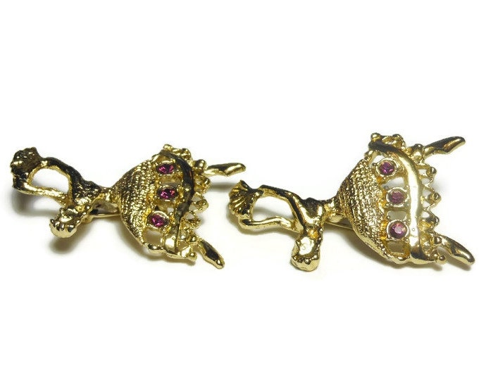 Ballerina with fan brooch pair, pair of ballerina scatter pins, gold plated with amethyst rhinestones above the hem