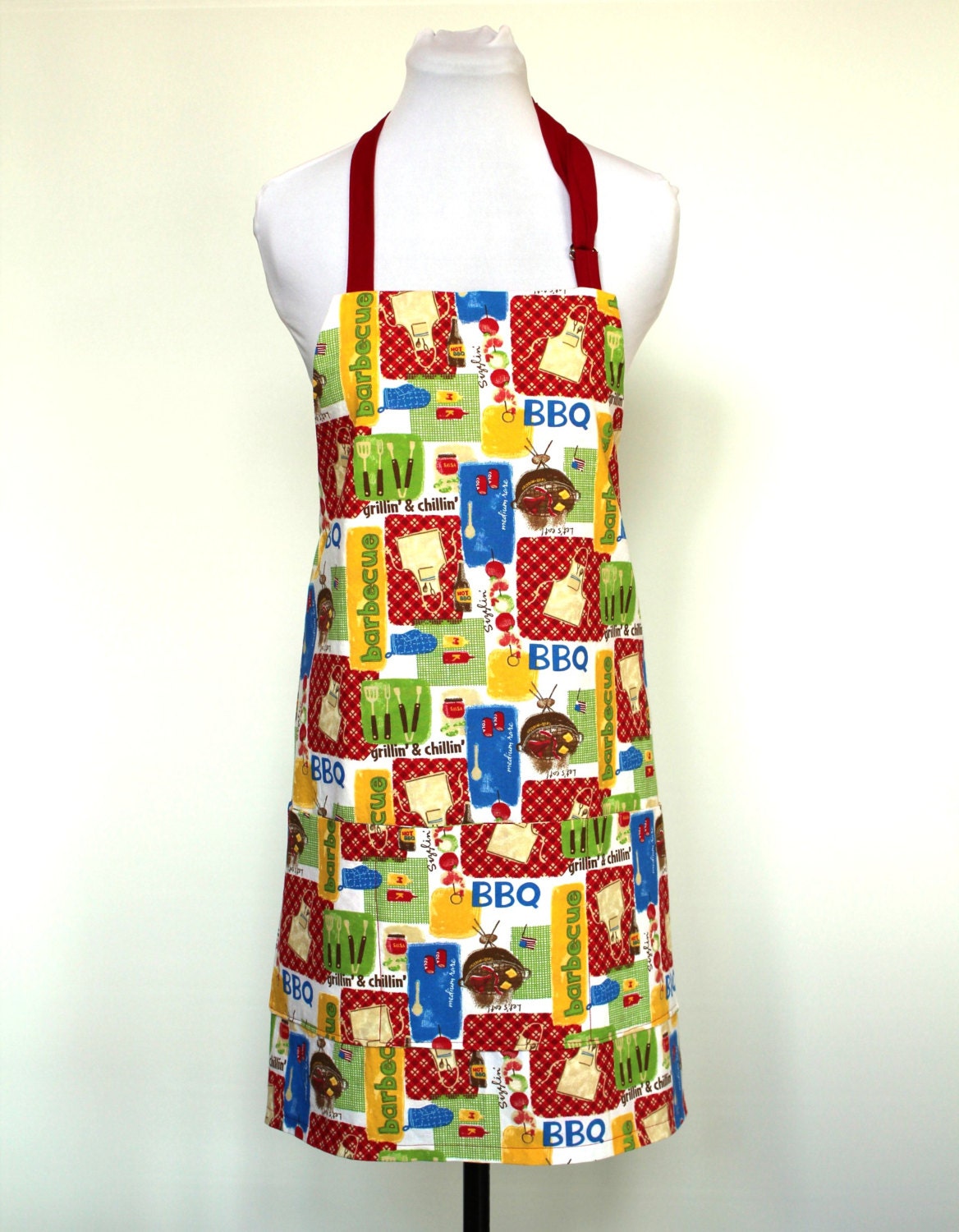 BBQ Grill Theme Apron with three pockets Fully by MitzieAprons4u