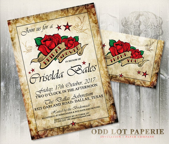 Rockabilly Bridal Shower Invitation, Rocker Wedding, Tattoo Wedding, Rose Wedding , Printable Invitation and thank you card, vintage, stars Il_570xn
