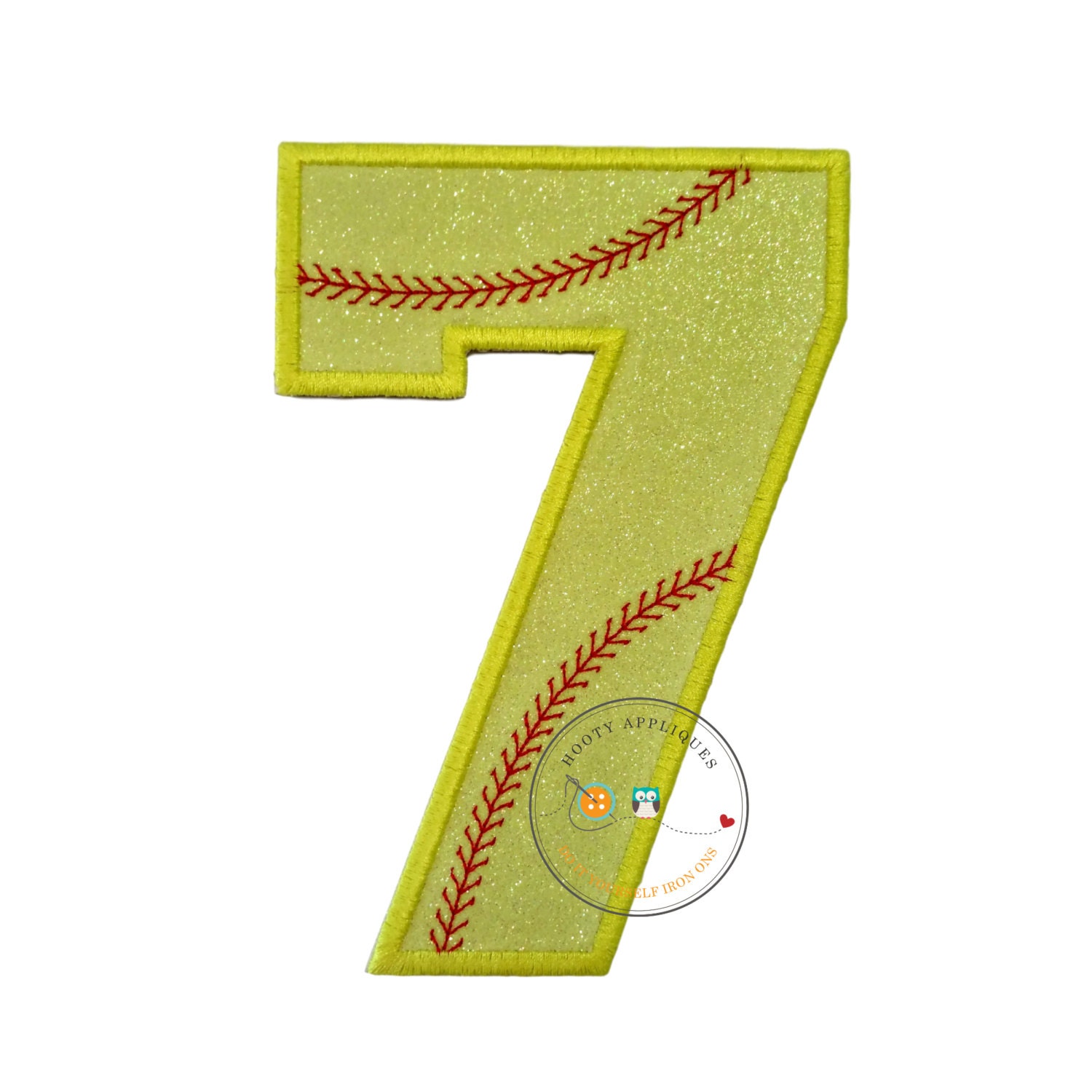 Neon yellow glitter softball iron on applique number 7 bright