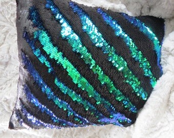 Mermaid Pillow Cover, 12" Peacock & Black, Mermaid Pillow, Sequin Pillow, Color-changing Pillow, Decorative Pillow, Throw Pillow
