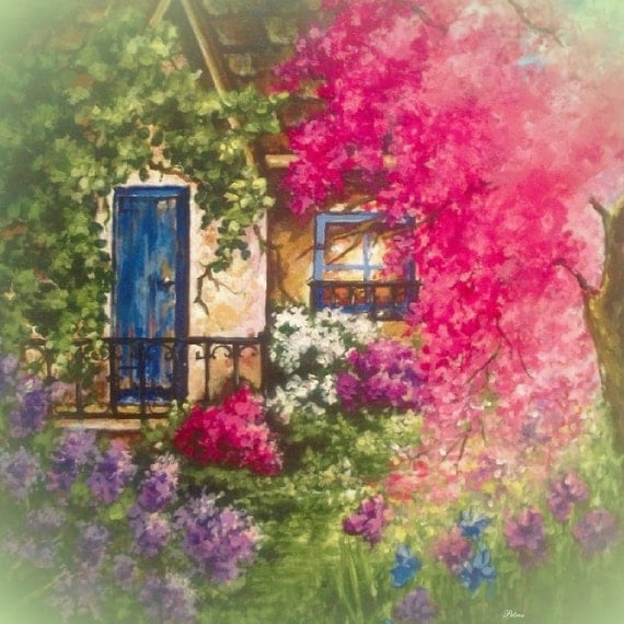 cottage garden art painting canvas print flower by RoyalRococo