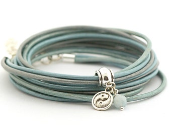 Aquamarine Bracelet, March Birthstones, Blue Leather Wrap Bracelet, Yin Yang Yoga Bracelet, Minimalist Jewelry, Mothers day gift