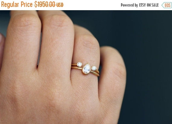 ON SALE  Pear Diamond Ring  with a Dual Diamond Horseshoe  by 
