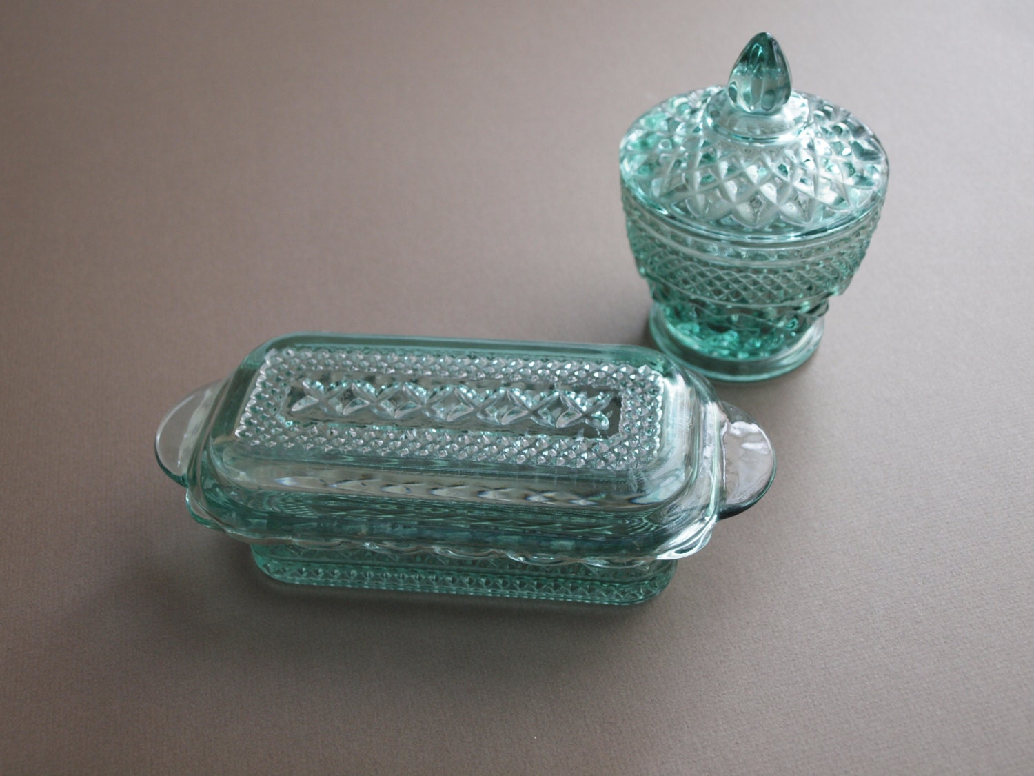 Set of 2 seafoam green glass trinket boxes hobnail lidded butter dish ...