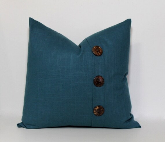 Teal pillow cover. Linen slub Button Pillow cover. Pleat