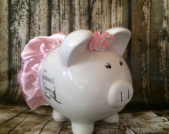 LARGE Personalized piggy bank girl, Dancer bank, Dance fund piggy, Ballet bank, piggy bank with crown, light blue bow and tutu, piggy bank,,