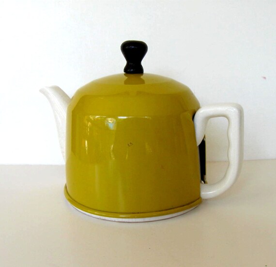 Vintage Yellow Teapot Insulated metal Cozy white ceramic