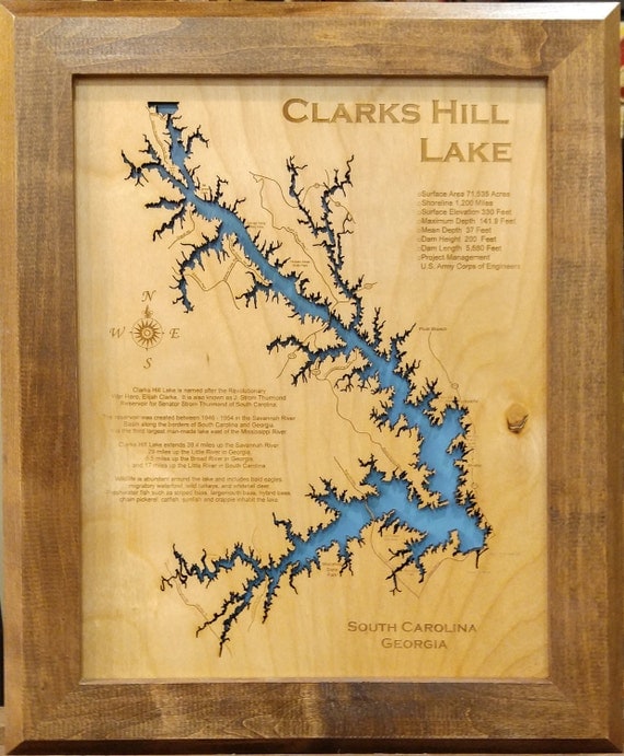 Wood Laser Cut Map of Clarks Hill Lake GA & SC Topographical