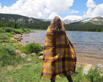 Vintage Wool Plaid Blanket Throw fringed Yellow and Plums