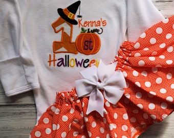 My First Halloween Outfit- Personalized for baby girl. Girls First Halloween with polka dot skirt