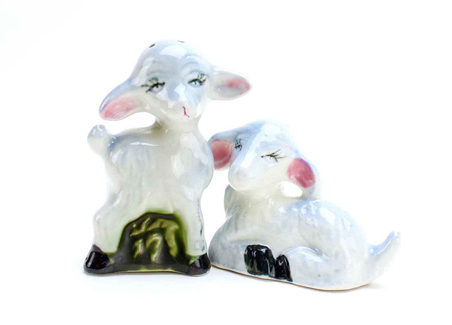 Vintage Lambs Salt and Pepper Shakers Blue Lambs Baby Lambs