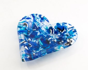 Blue Heart Bowl, Heart Dish, Trinket Tray, Fused Glass Art, Cool House Decoration, Jewelry Storage for Women, Gifts Under 50 for Her