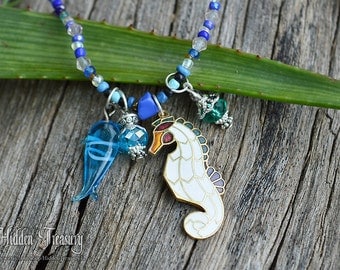 Blue Seahorse Necklace- handmade beaded mystical neptune ocean underwater fantasy warcraft jewelry