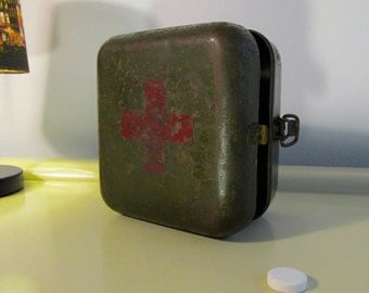 Vintage German Military Medical Red Cross First Aid Kit, Green Metal Kit, Small Medical Decor