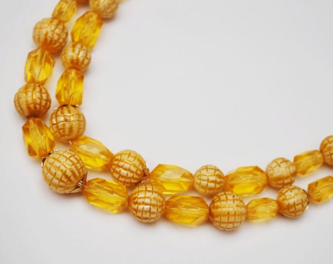 Double strand Bead Necklace - Amber Brown cream Lucite - West Germany - beads