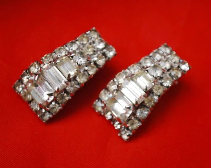 Rhinestone clip on earrings Clear crystal Emerald cut Wedding Bride Prom