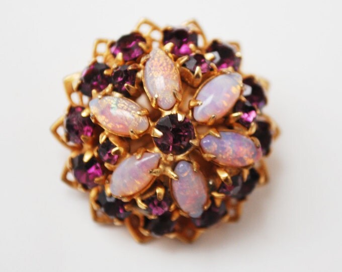 Purple rhinestone brooch - Flower floral - art glass opalescent -domed pin