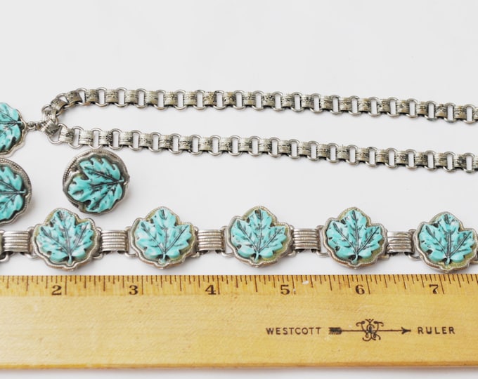 Turquoise Maple leaf - Necklace Bracelet and earring set - Vintage plastic - silver book chain necklace-screw back earrings