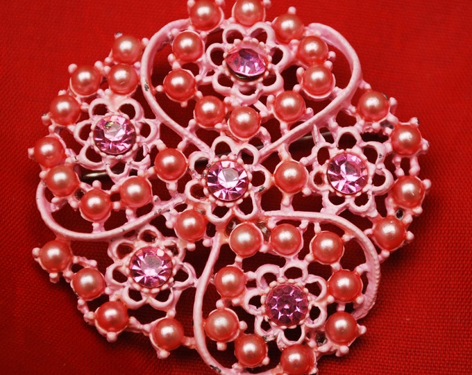 Pink Enamel Flower Brooch Pink pearls and Rhinestone Mid century floral pin