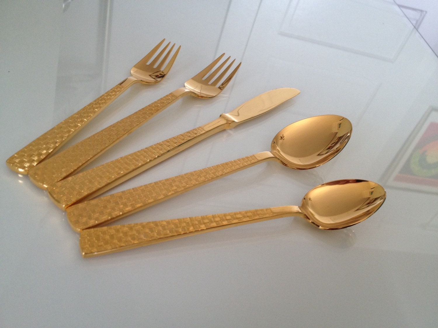 Mid Century SIS Basket Weave Gold Flatware 5piece Setting