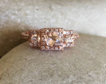 Morganite Rose Gold Ring- Three Stone Engagement Ring- Promise Ring for Her- Art Deco Bridal Wedding Ring- Vintage Inspired Morganite Ring