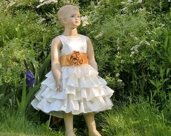Ivory gold flower girl dress.Flower girl dress in ivory and gold.Girls ruffle dress in satin.Girls wedding dress.Toddler girls formal dress.