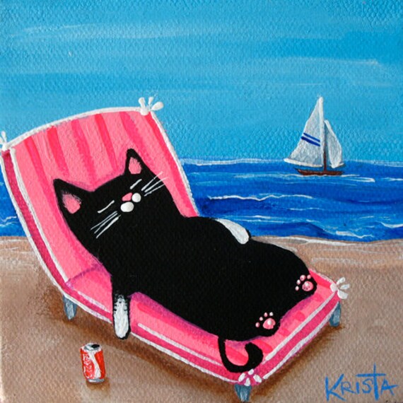 CAT at the Beach Folk Art Cat PRINT sleepy cat by kristasartstudio