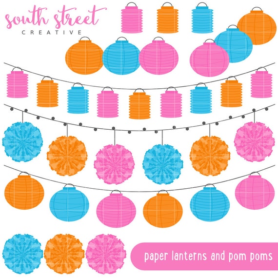 Paper Lanterns, Pom Poms, Banner, Cute Clipart, Personal & Small Commercial Use, Vector Clip Art, Instant Download, png, jpeg, eps Il_570xn