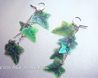 Ivy Leaf Cascade Earrings, handmade acetate leaves with silver plated chain latch back earrings