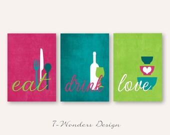 Kitchen Wall Art Print Set - Eat Drink Love - Fuchsia, Teal, Lime, White // Modern Kitchen Decor // Set of (3) Many Sizes // Unframed