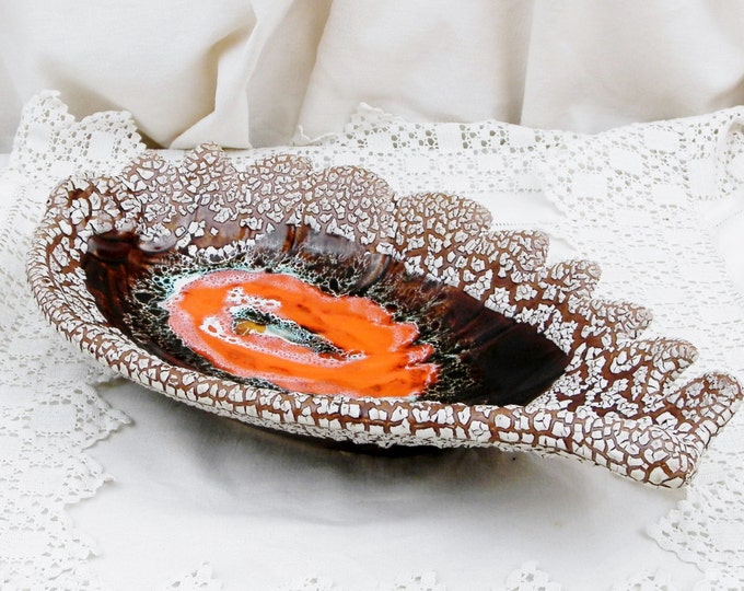Large Vintage French Vallauris Lava Glaze Ceramic Fruit Bowl Ecume de Mer / MidCentury / Retro Home Interior / Hipster 1960 Orange White