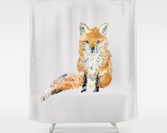 Fox Shower Curtain, grey shower curtain, gray shower curtain, light grey curtain, woodland curtain, forest curtain, light gray curtain