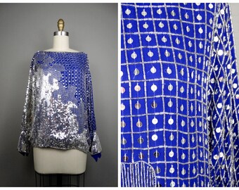 Vintage Glam Silver Beaded Blue Sequin Top by Judith Ann Creations Inc. // Royal Blue Sequin Top