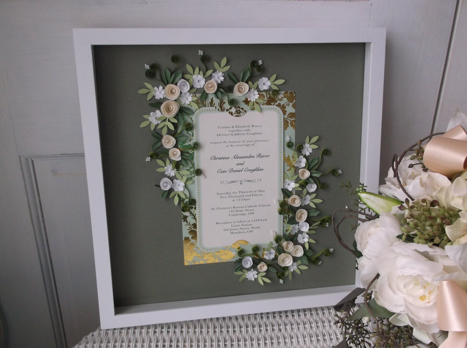 Cream And Gold Theme Wedding Invitation Framed Keepsake