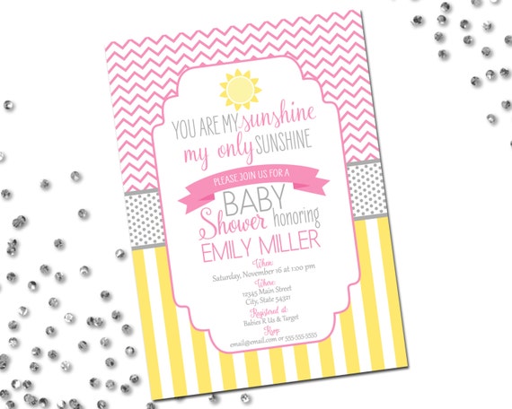 You Are My Sunshine Baby Shower Invitation - Yellow Grey and Pink Stripes and Chevron Stripes - Printable Il_570xn