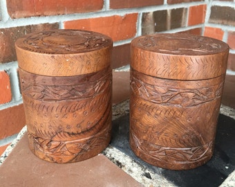 Pair Of Old Vintage Handcarved Teak Wood Jars Canisters Boxes L0316