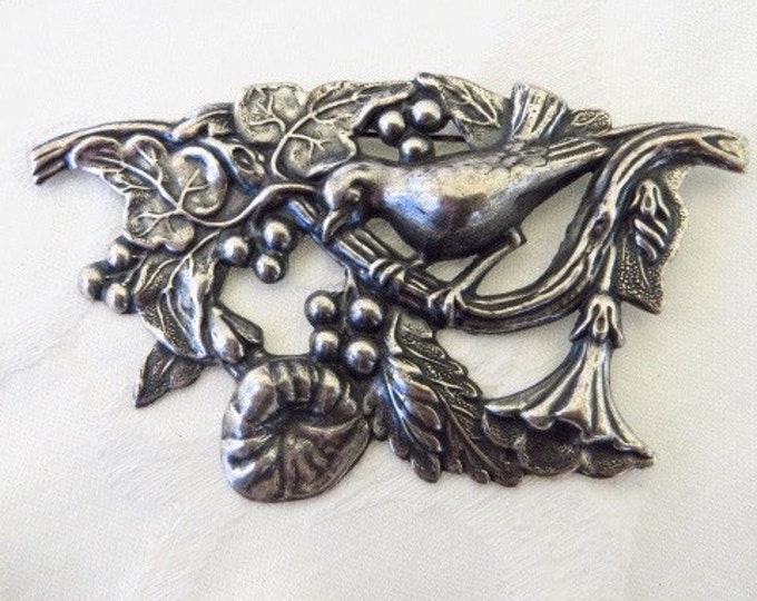 Antique Art Nouveau Brooch, Sterling Bird Pin, Flowers Berries and Leaves, Nature Jewelry