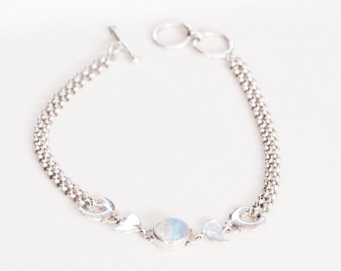 Chain and Link Bracelet, Personalized Bracelet, Initial Friendship Bracelet, Boho Jewelry, Rainbow Moonstone Jewelry, Silver Bracelet
