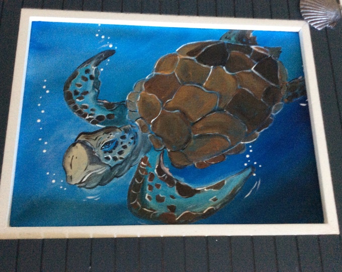 Sea Turtle Painting in a Solid Wood Frame