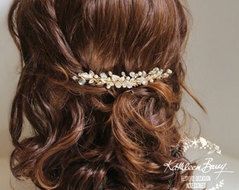 Rose gold leaf hair comb - wedding bridal hair piece, pearl crystal with light rose gold/gold metallic leaf detailing STYLE: Caryn