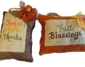Rustic Fall Pillow Hangings, 5 Fall Decorations Supplies, Doorknob Fabric Pillows With Jute Hangers Fall Colors Pillows With Flowers