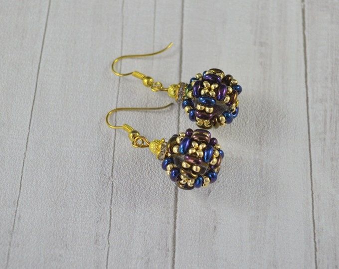 Dark blue gold ball earrings Round earrings Woven earrings Gift for her Shining earrings Small earrings Fashionable earrings Zircona