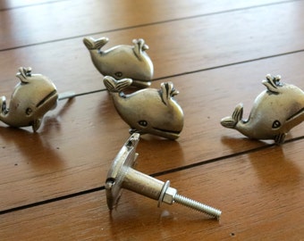 Whale Shaped Knobs / Drawer Knobs / Dresser Knobs / Sea Theme Design / Antiqued Silver Color / Coastal Beach Decor / Nautical Home
