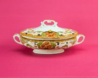 Opulent Medium Floral Reform Pountneys Pottery TUREEN Antique Neo-Classical Orange Unique English Circa 1910 LS