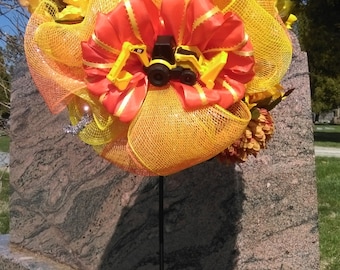 Caterpillar Heavy Equipment Large Deco Mesh Cemetery Topiary OOAK wreath like very tall, sturdy, wired orange yellow floral Fathers Day