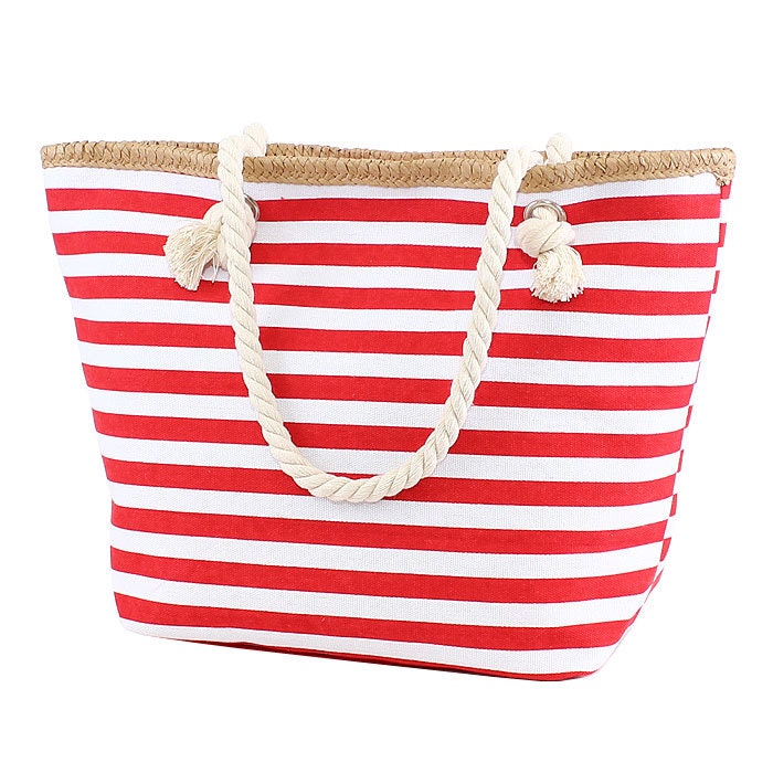 Red Striped Canvas Beach Bag Rope Handles by DoubleBMonograms
