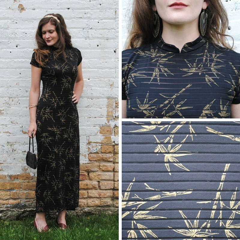 Sheer Striped Black and Gold Dress with Mandarin Collar and high side