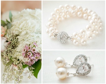 Wedding Jewelry Set, Pearl Bridal Jewellery SET, Bridal Bracelet Set, Bridal Earrings Set