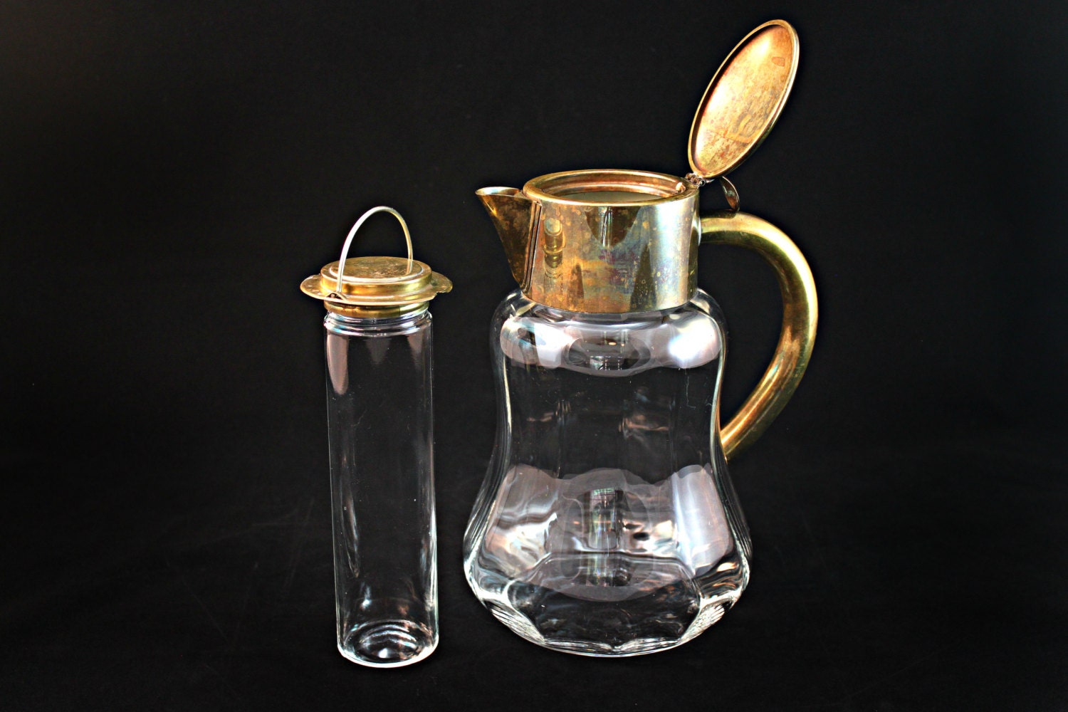 Vintage Art Deco Brass Optic Glass Pitcher with Chiller